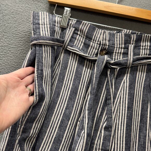 Madewell Paperbag Pants Womens 4 Blue Linen Cotton Stripe Belted Coastal Crop - Picture 7 of 10